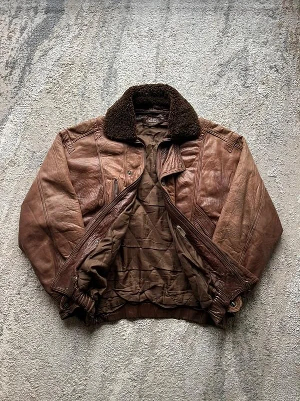 Vintage 90s Flight Aviator Mens Brown Sheepskin Collar Leather Bomber Jacket Siz – photo 5